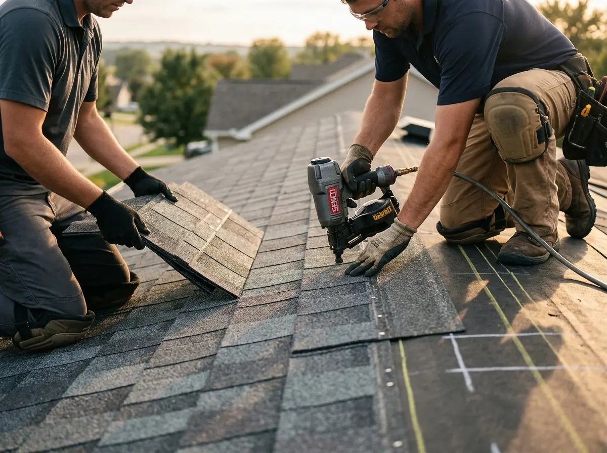 Professional roofer working on a residential roof in Attica